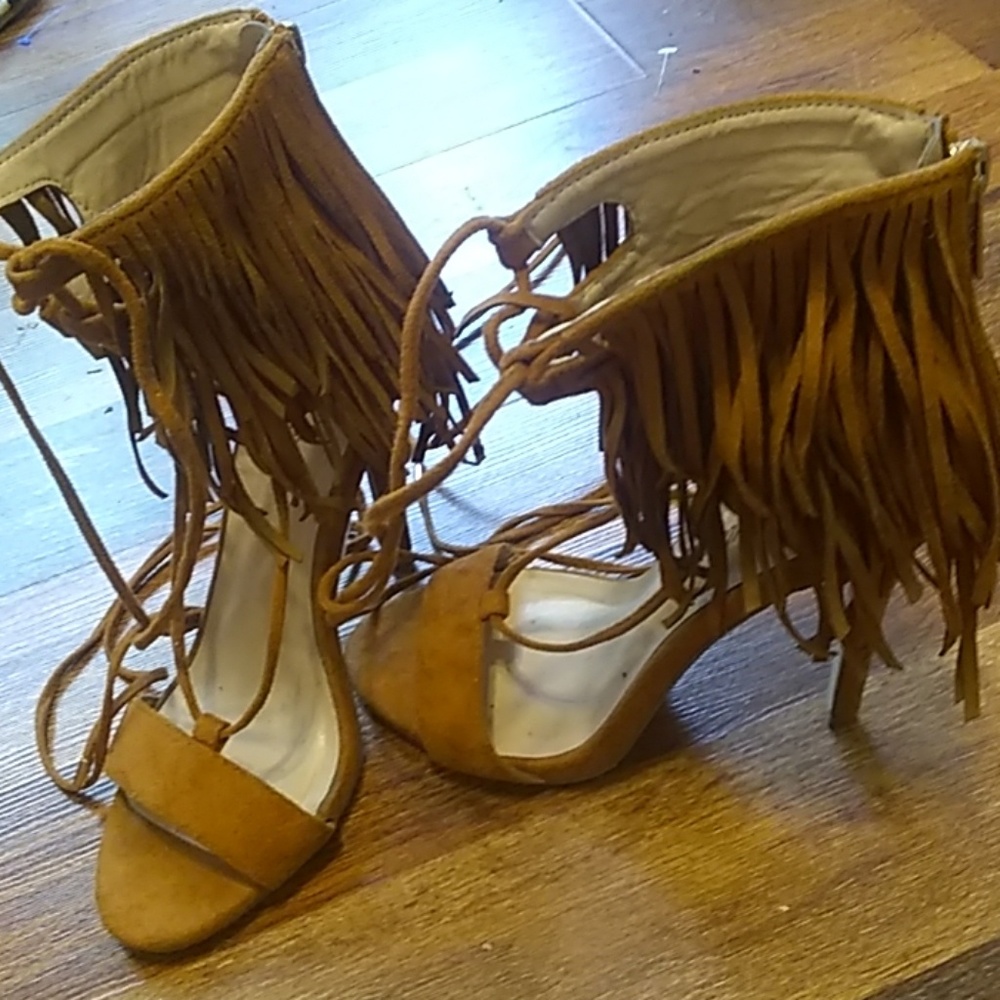 Fringe, suede, lace up heels